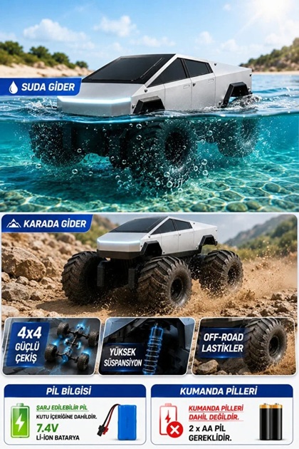 Uzaktan Kumandalı Tesla Cybertruck 1:16 4x4 Şarjlı Kara ve Suda Giden Dağ Aracı Işıklı Oyuncak