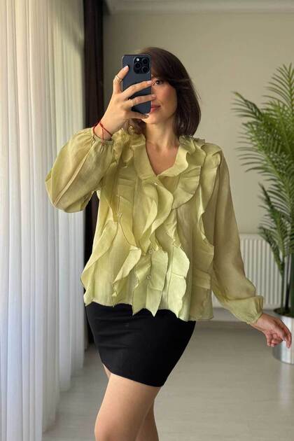 V-Neck Organic Fabric Green Transparent Women's Blouse