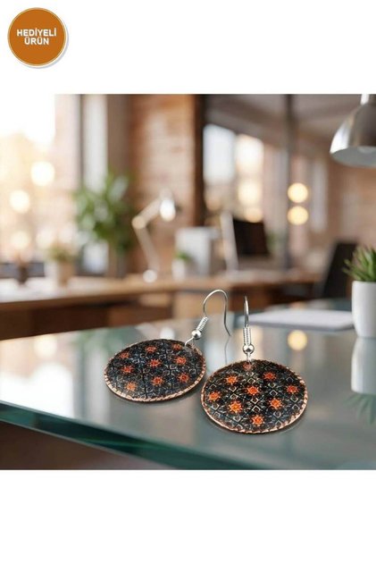 Copper Black Red Floral Round Dangle Earrings
