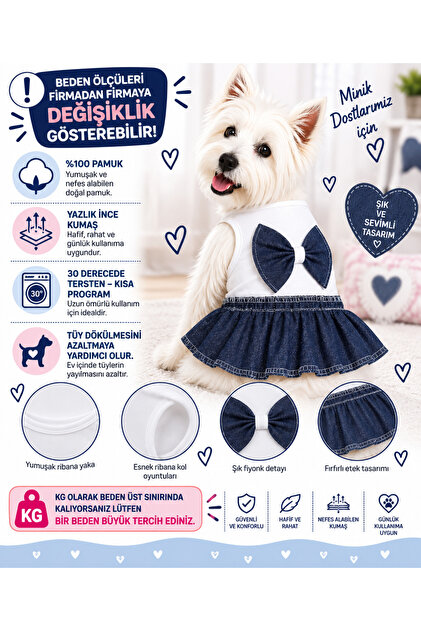 Small Breed Bow Detailed Mini Jean Dog Dress Cat Dress Dog Outfit (1-10kg)