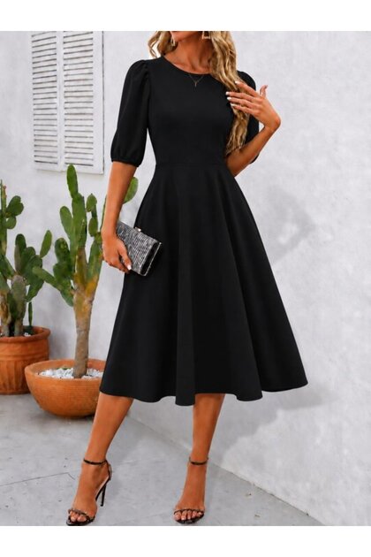 Women's short bubble sleeve crew neck wide cut janjan crepe dress