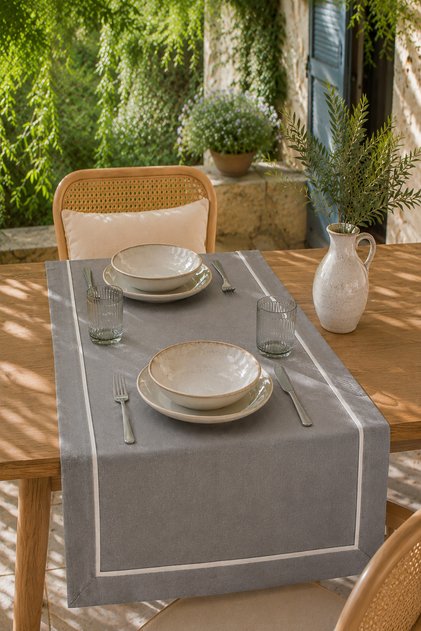 Buldan Linen Piping Runner, Console, Coffee Table Cover - Anthracite