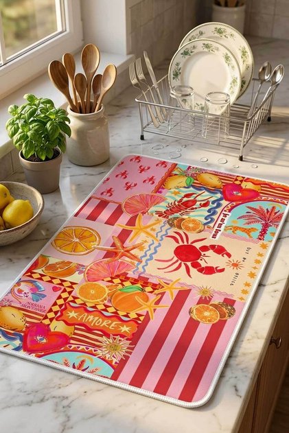 Dijital Baskı Bulaşık Kurutma Matı Bulaşık Kurutma Örtüsü Tezgah Üstü Bulaşıklık Mutfak Dekor 40x50 cm