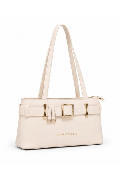 Women's Hand and Shoulder Bag with Buckle, Gold Accents, Square Zipper, Stylish Cream