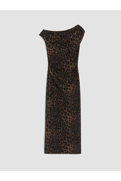 Rmz Gi̇yi̇m Farkiyla Wide Roba Collar Leopard Embroidered Drawstring Dress