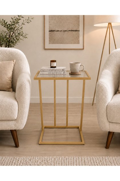 Nirvana Gold Şeffaf Cam Yan Sehpa C sehpa 50*40*60 Modern Sehpa