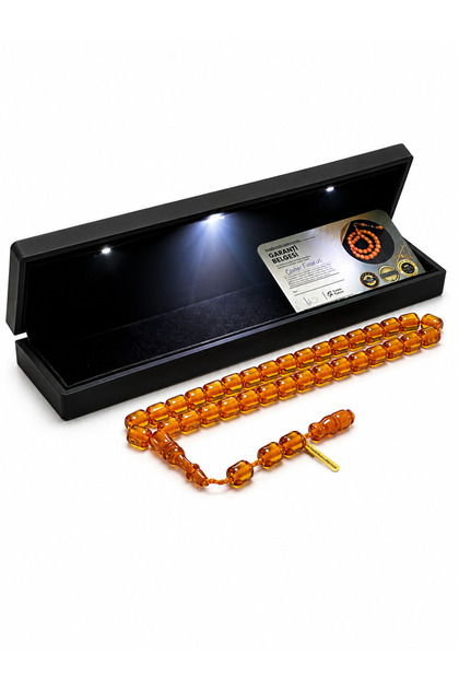 Cevher Faturan Signed Clamped Amber Prayer Beads 11X9 mm Barrel Cut – Certified Systematic Set with Lighted Box Premium