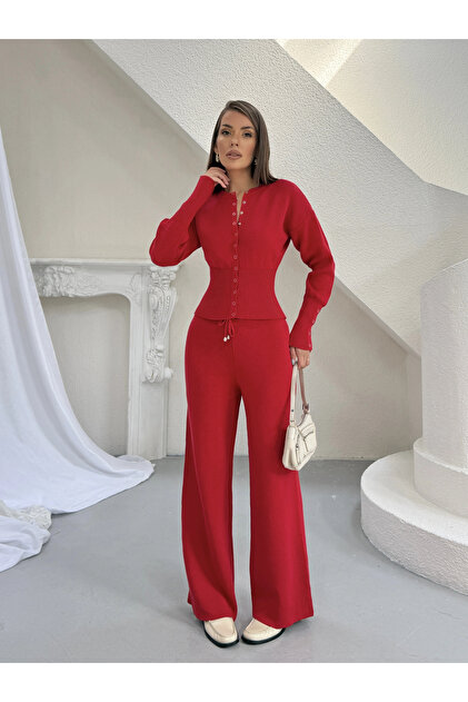 Women's Red Snap Detailed Cardigan High Waist Wide Leg Pants Bottom Top Two-Piece Knitwear Set (S/M)