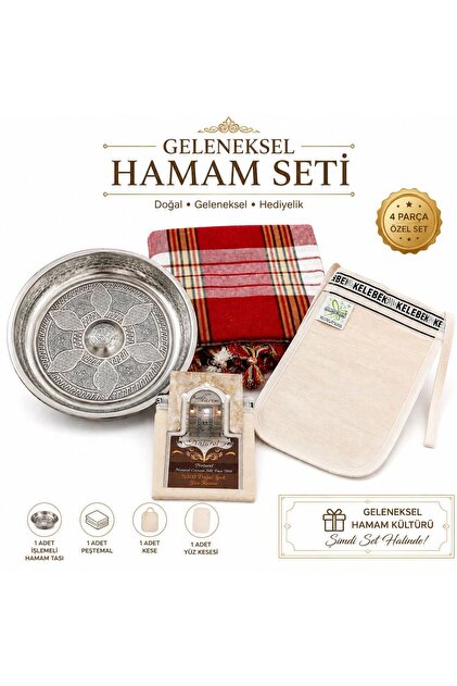 Geleneksel Hamam Seti 4 Parça – Hamam Tası, Peştemal, Hamam Kesesi ve İpek Yüz Kesesi
