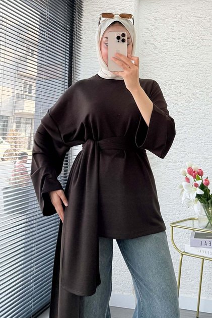 Premium Scarf Detailed Double Face Blouse - Brown
