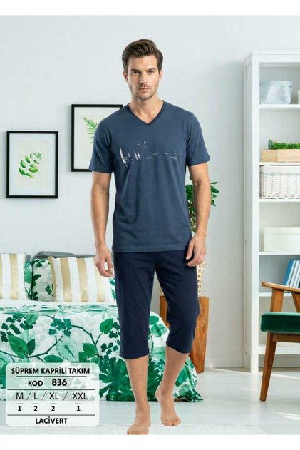 Men's Short Sleeved Front Printed Capri Pajama Set 836