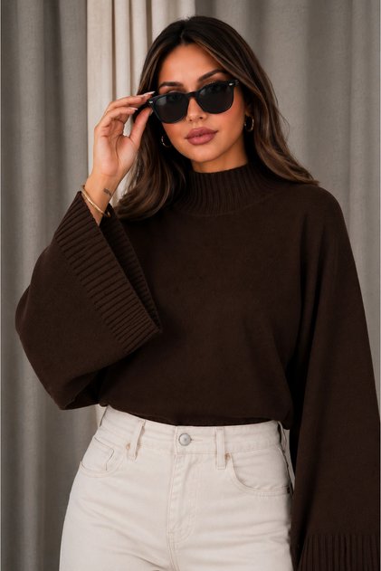 Women's Brown Cotton Spanish Bat Sleeve High Neck Knitwear Sweater