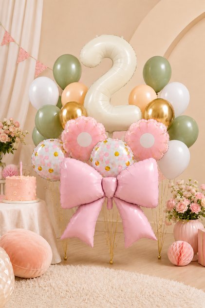 2 Year Old Retro Cream Pink Bow Concept Birthday Balloon Chain Set Set34