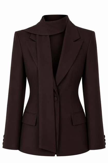 Fularlı Vatkalı Bel Oturtmalı Premium Blazer Ceket