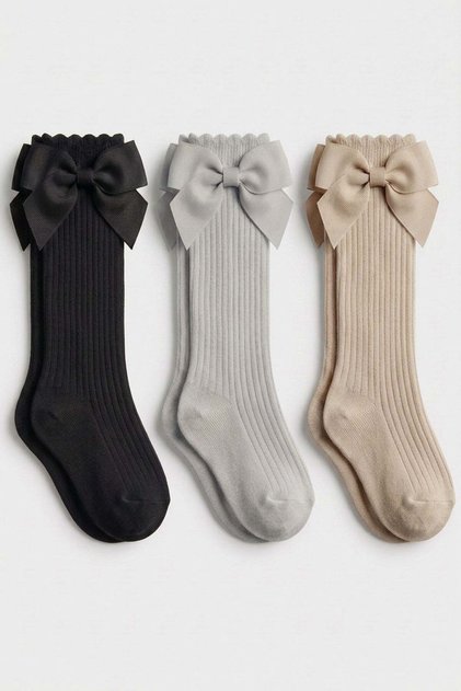 3 Pieces of Girls' Ribbed Knee Socks with Bow