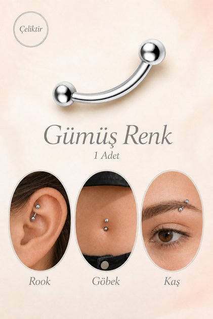 Çelik Banana Piercing Çift Toplu Kavisli Bar Kaş Rook Göbek Lob KIkırdak 1 Adet