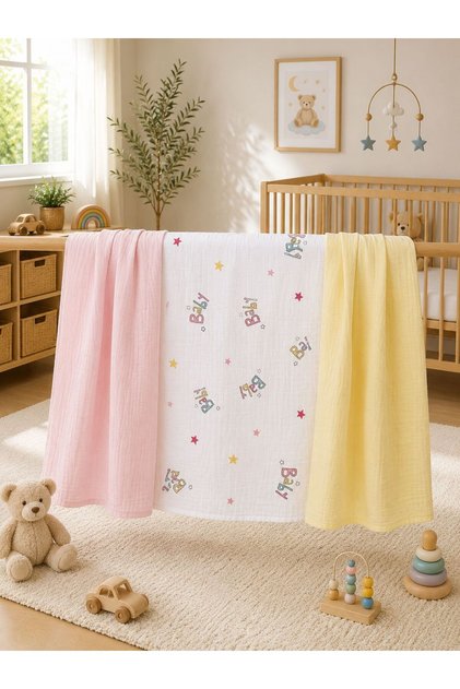 Multi-Purpose Muslin Blanket Set of 3, Muslin Newborn Baby Blanket, 100% Organic Cotton Muslin Cloth - 80X80 cm