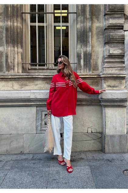 Women's Shirt with Bead Embroidery on Front and Sleeves, Standard Pants Size Suit