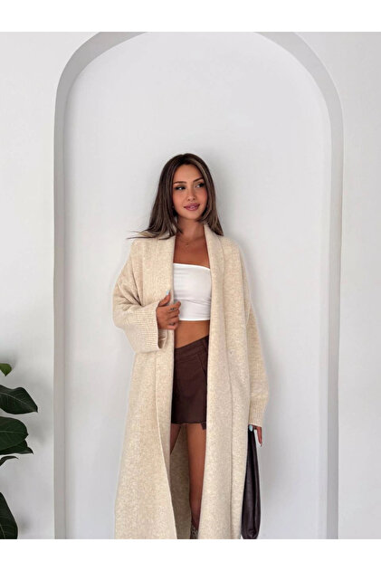 Women's Beige Cotton Long Kimono Collar Oversize Knitwear Cardigan