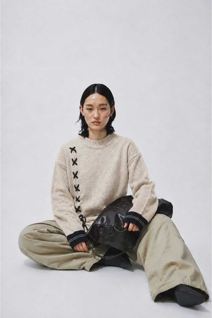 Women's Oversize Knitwear Sweater with Side Tie Detail and Crew Neck