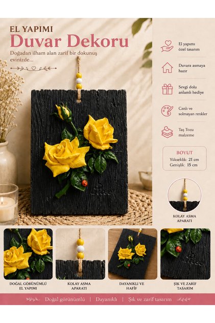 El Yapımı Taş Tozu Gül Duvar Dekoru – Dekoratif Çiçekli Duvar Süsü – 21x15 cm
