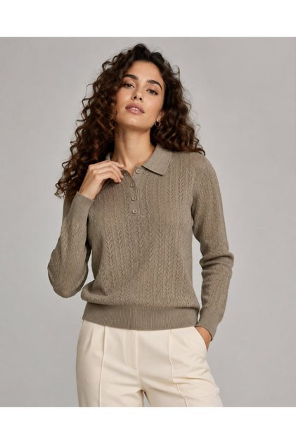 Polo Neck Buttoned Openwork Knit Patterned Long Sleeve Slim Knitwear Sweater Aw26Kz00017