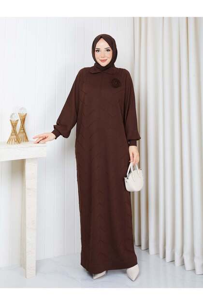 Knitted Dress with Roses on the Chest, Brown