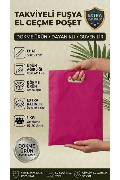 Takviyeli Fuşya El Geçme Poşet 50x60 cm - 1 kg (Ortalama 15-20 Adet) Extra Kalın Dökme Poşet