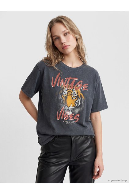 Lcw Vision Anthracite Printed Oversize 100% Cotton Women's T-Shirt