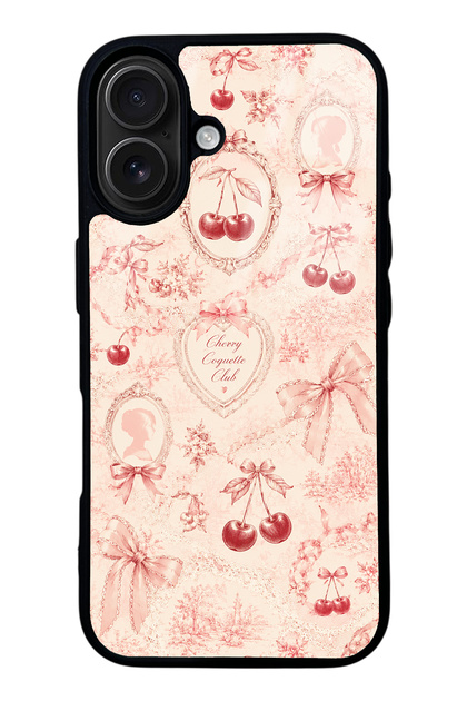 iPhone 16 Glossy Phone Case with Cherry Coquette Toile Design