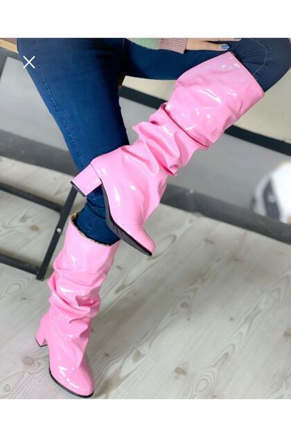 Pusi Fuchsia Patent Leather Gusseted Above the Knee Boots