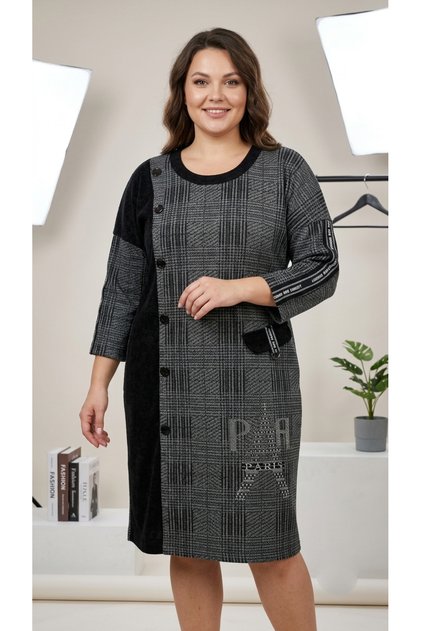 Women's Plus Size Plaid Three-Quarter Sleeve Stripe Detailed Tunic Dress