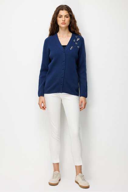 Women's V-Neck Stone Embroidered Wool Cardigan Indigo