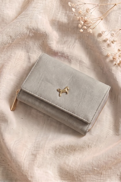 Gray Wallet with Logo Detail and Snap Fasteners
