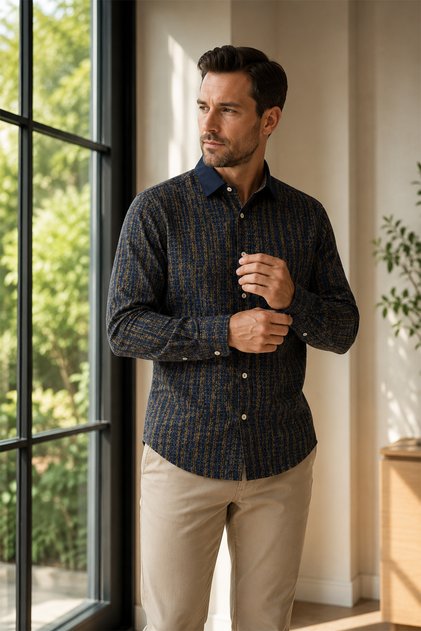 Men's Slim Fit Poplin Shirt Long Sleeve Patterned Cotton Pocketless Hidden Button Collar