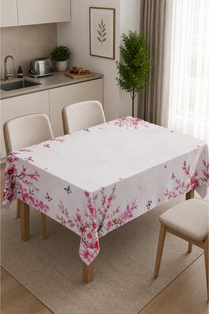 Romantic Tablecloth with Pink Cherry Blossoms and Butterfly Pattern
