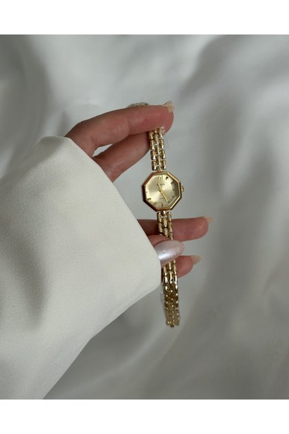 Kadın Gold Sekizgen Şampanya Kadranlı Çelik Kordon Analog Quartz Vintage Kol Saati