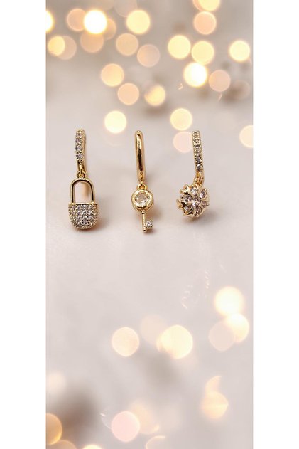 Gold Color Zircon Stone 3-Piece Dangle Steel Earring Set - Tarnish Resistant