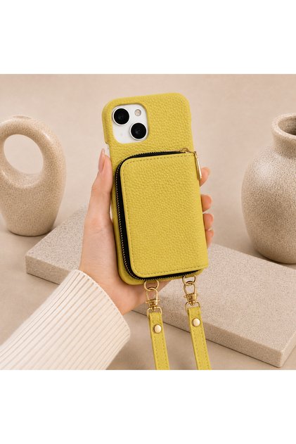 iPhone 15 Plus (6.7 Inch) Compatible Premium Lux Leather Case with Open Sides, Slim Design, Wallet, Zipper, Card Holder, Crossbody Neck Strap, and Drawstring Strap