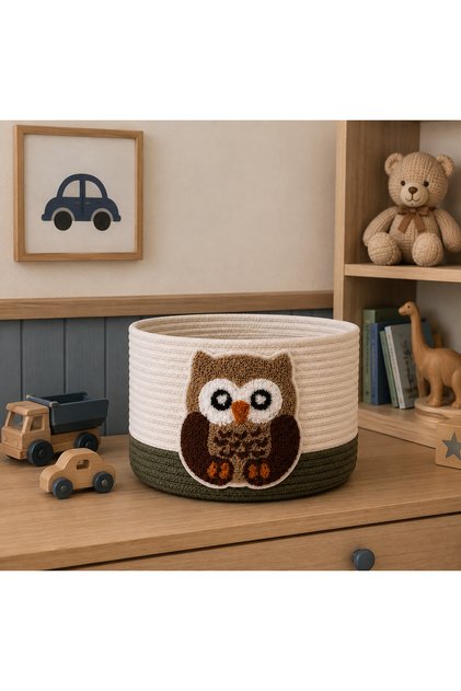 Children's Room Decorative Wicker Basket – Toy and Organizer Basket with Owl Figure 20X16 cm