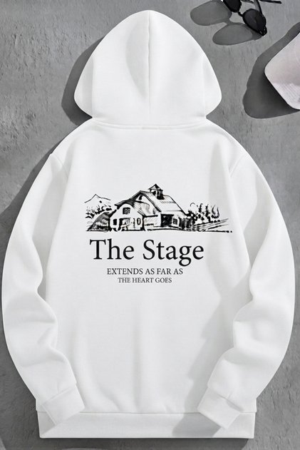 Unisex 3 Thread Cotton White Loose Fit the Stage Print Sweatshirt Hoodie