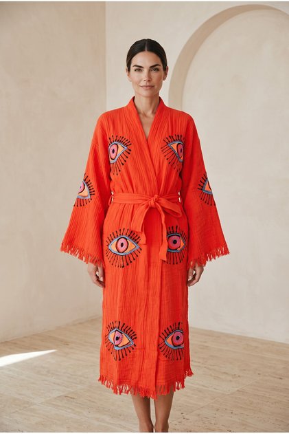 Women's Muslin Long Kaftan with Evil Eye Motif Bohemian Kimono