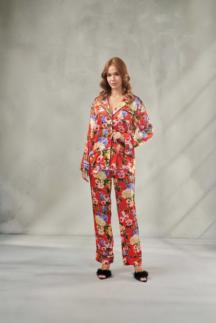 Women's Shirted Satin Long Sleeve Pajama Set Verbena & Premium Satin Home Wear, Gift, Shirt Collared
