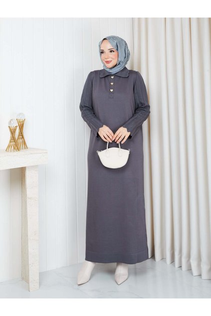 Heart Buttoned Beautiful Sleeved Knitwear Dress Gray