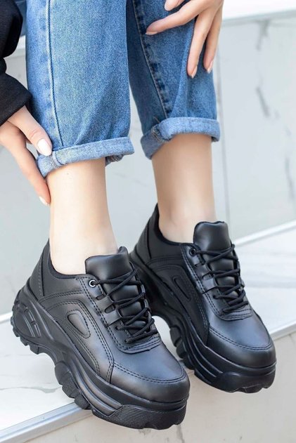 Women's 5 cm Thick Sole Sneaker with Glitter Detail Casual Sports Shoes - Black