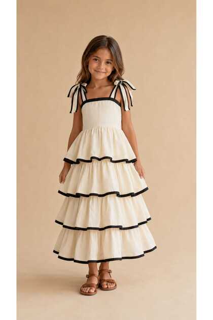 Girl's Ecru Black Ribbed Shoulder Tie Layered Ruffle Long Dress