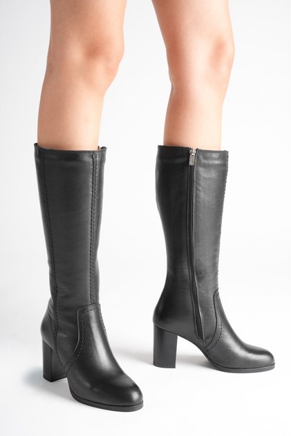 Women's Genuine Leather Heeled Boots - Black