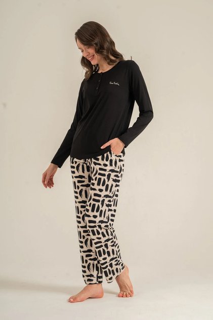 Women's Pajama Set, Combed Modal, 50% Cotton 50% Modal, Buttoned Collar, Embroidered, with Pockets