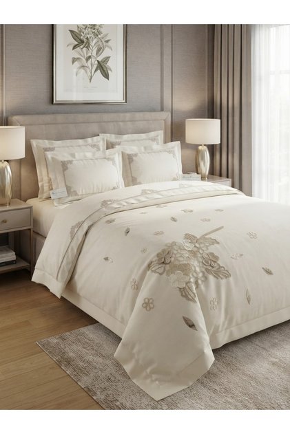 Elegant Series - 100% Cotton, Embroidered Luxury Double Duvet Cover Set - Ecru/Grey