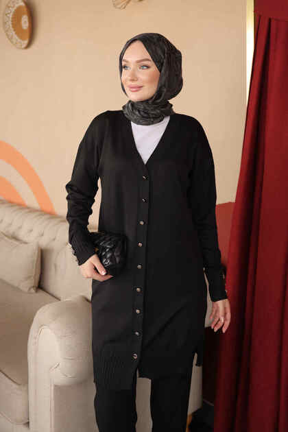 Black Buttoned Cold Yarn Knitwear Cardigan